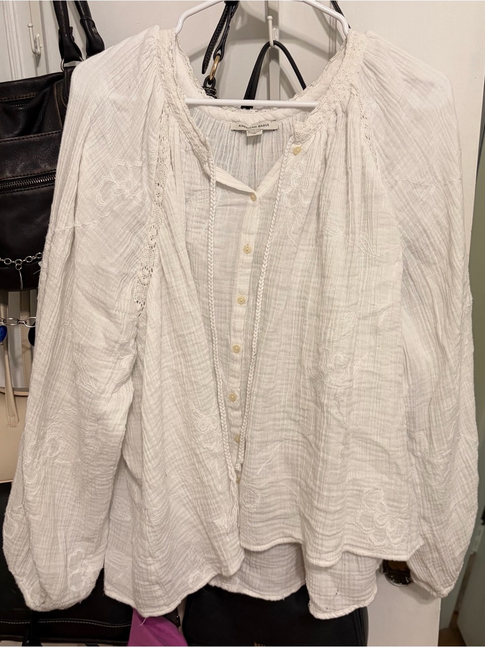 American Eagle White Boho Peasant Blouse with Embroidery